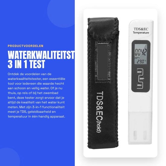 Testatore di qualità dell'acqua - 3 in 1 test - Facile da usare - Formato compatto - Per acqua potabile e piscina - Misurazioni affidabili - Codice prodotto: [Codice prodotto] - Modello: [Modello]