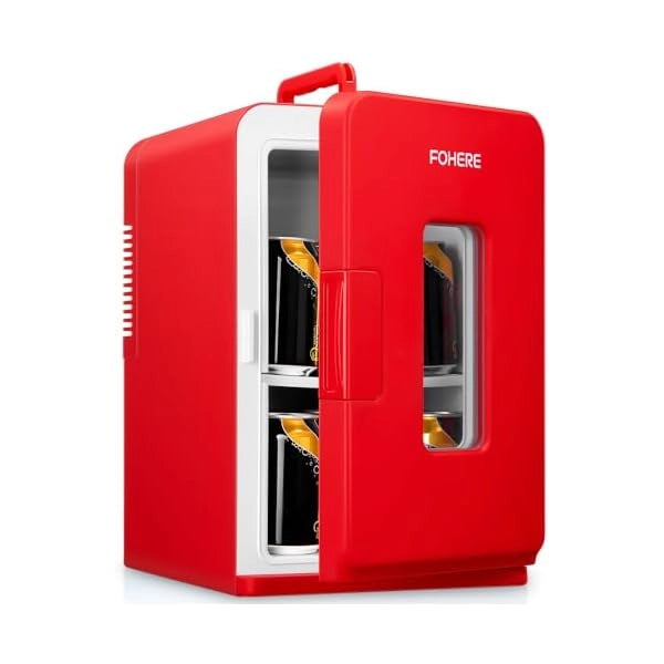 FOHERE Mini Fridge 15L/21 Cans, Small Portable Fridge 240V/12V, Silent Mode, Hot/Cold Function, Cosmetic Fridge