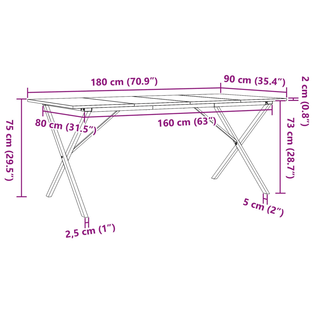 Tavolo da Pranzo Telaio a X 180x90x75 cm Legno Pino e Acciaio