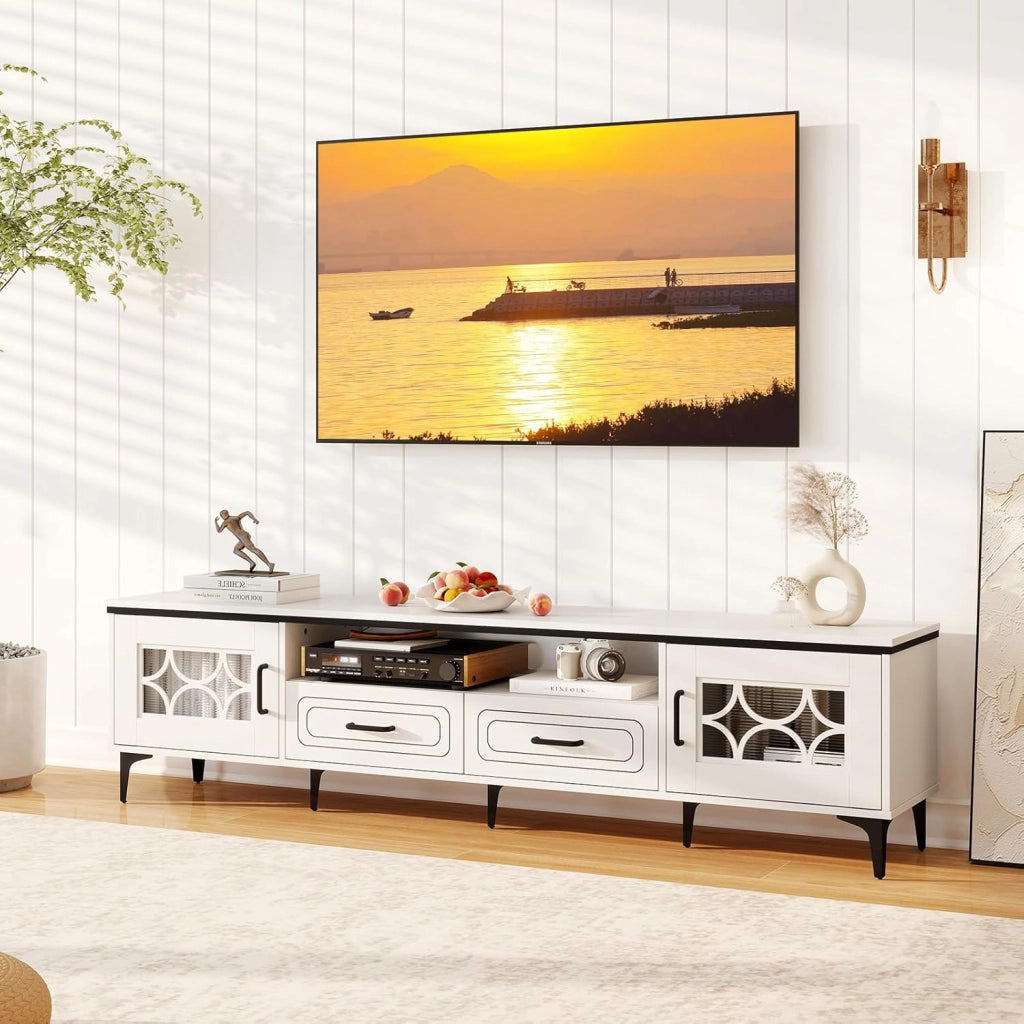 Mobile TV basso per TV fino a 80 pollici, Panca TV, 2 Armadietto con porta e ripiani aperti, Mobile telle con 2 cassetti e foro dei cavi, 180,5 x 35 x 46 cm (bianco)