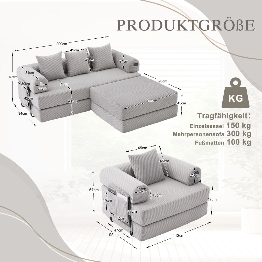 DIVANO modulare in corda grigio chiaro con pouf e cuscini
