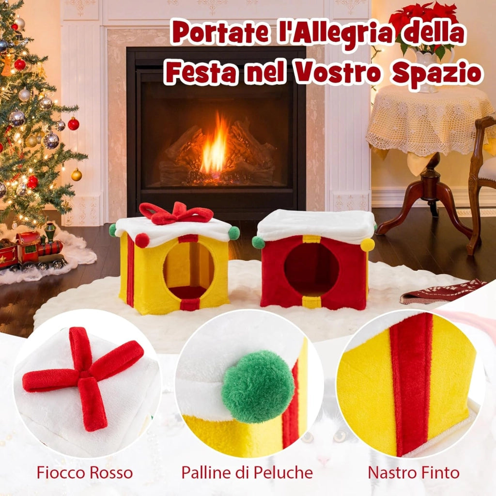 Set 2 Cuccia Cane Interno a 2 Piani, Tiragraffi per Gatto a Forma di Scatola di Natale in Tessuto e MDF, Lettino Gatto Interno per Inverno, Rosso e Giallo