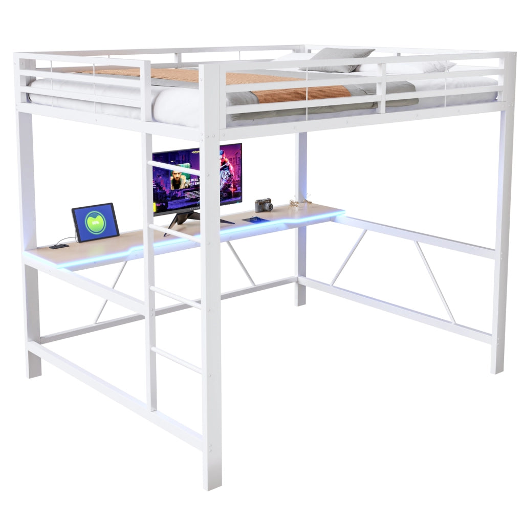 Letto a soppalco gaming 160x200 cm con scrivania e LED; in MDF e metallo; bianco
