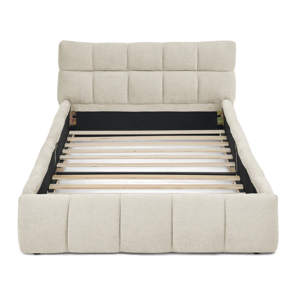 Letto imbottito 90x200 cm con cuciture quadrate in ciniglia beige
