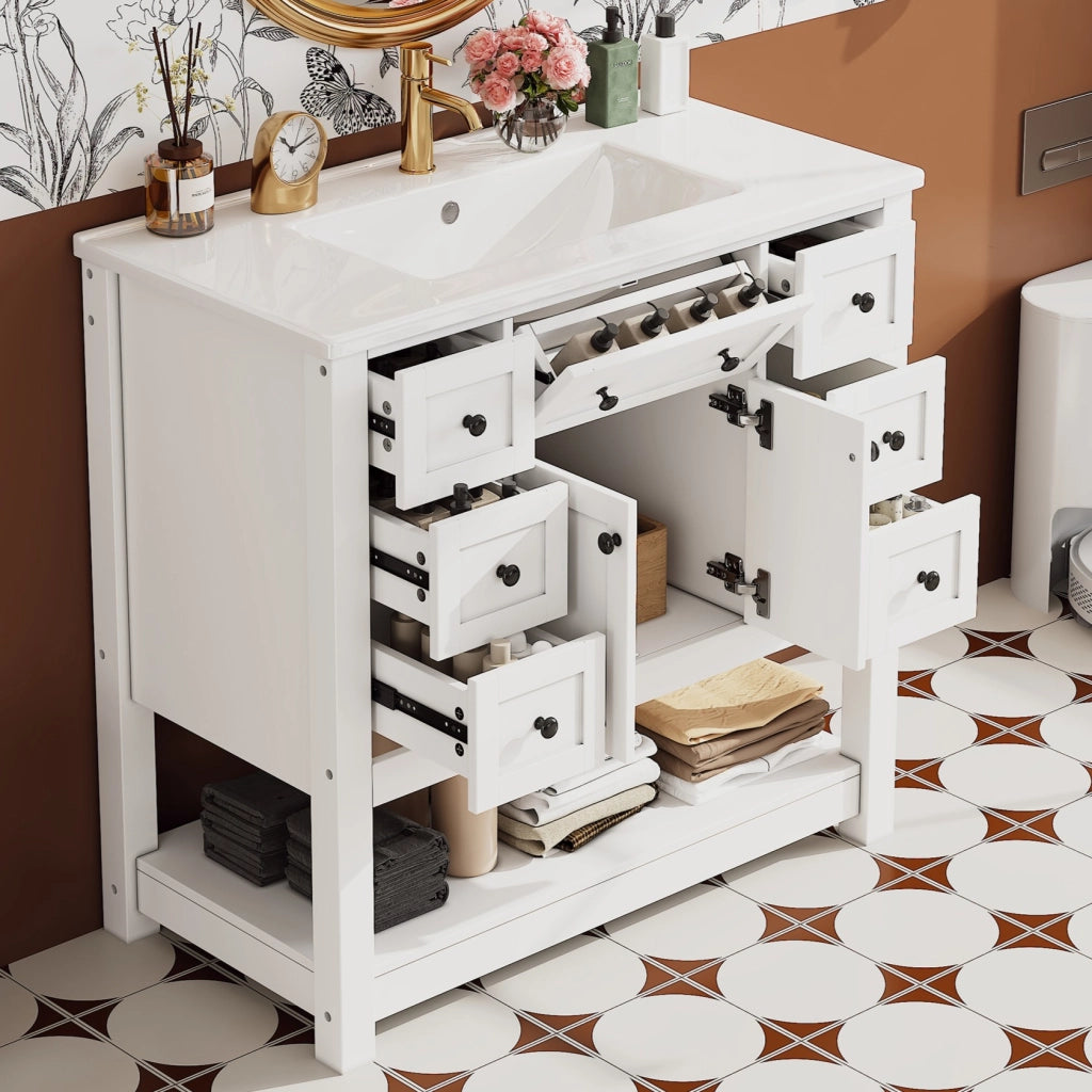 Mobile sottolavabo con lavabo in ceramica, 6 cassetti, 1 cassetto ribaltabile, ante e vani aperti, per bagno, bianco