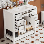 Mobile sottolavabo con lavabo in ceramica, 6 cassetti, 1 cassetto ribaltabile, ante e vani aperti, per bagno, bianco