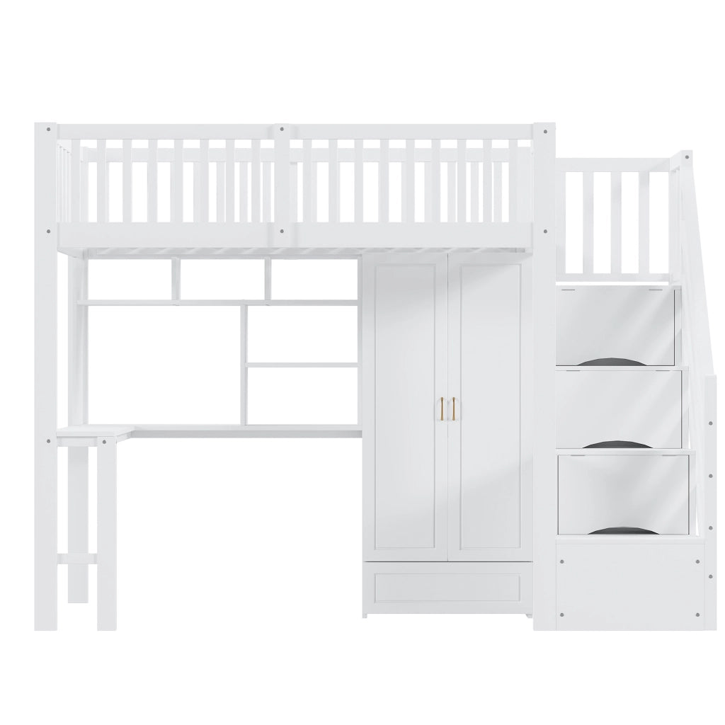 Letto a soppalco ULEVR 90x200 cm con armadio, scrivania, scaffale e scala con cassetti, bianco