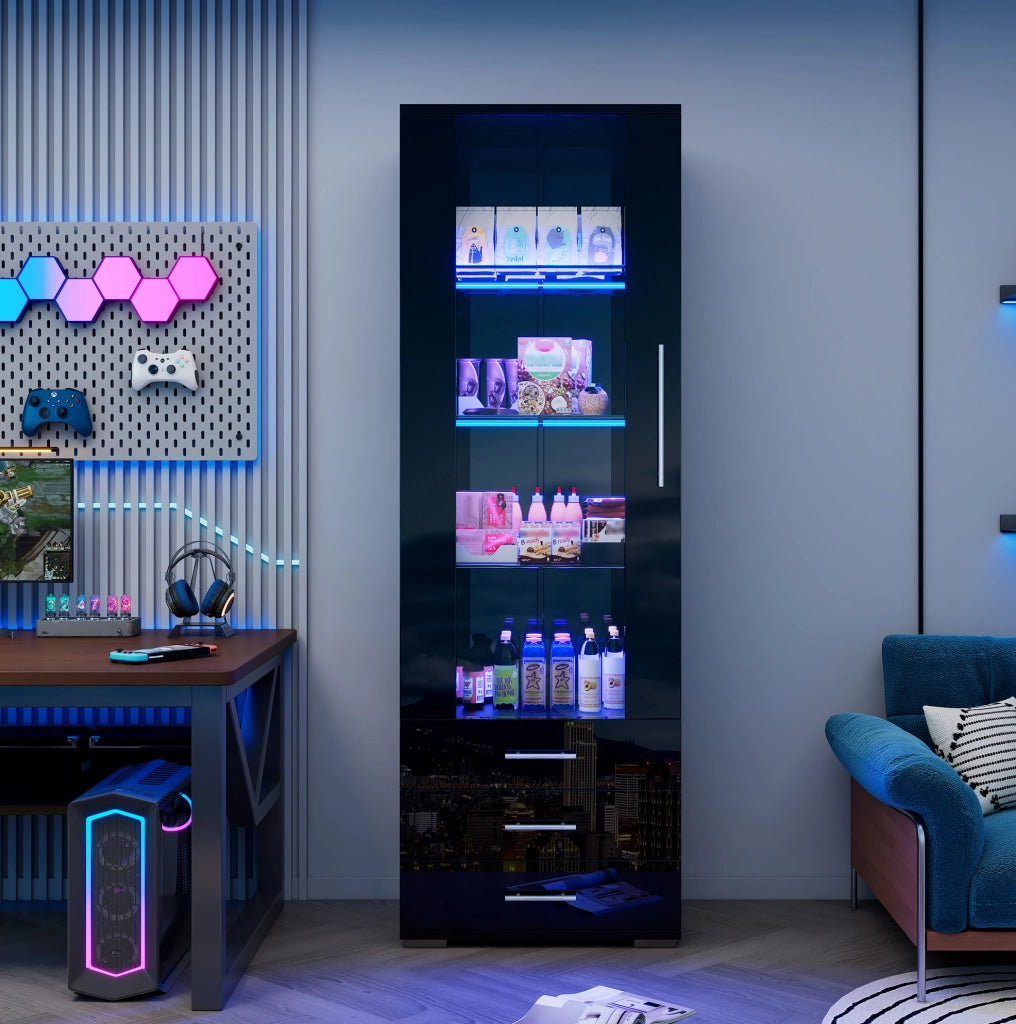 Vetrina verticale nera 60x35x180 cm in MDF con LED; 1 porta; 3 cassetti e frontale lucido
