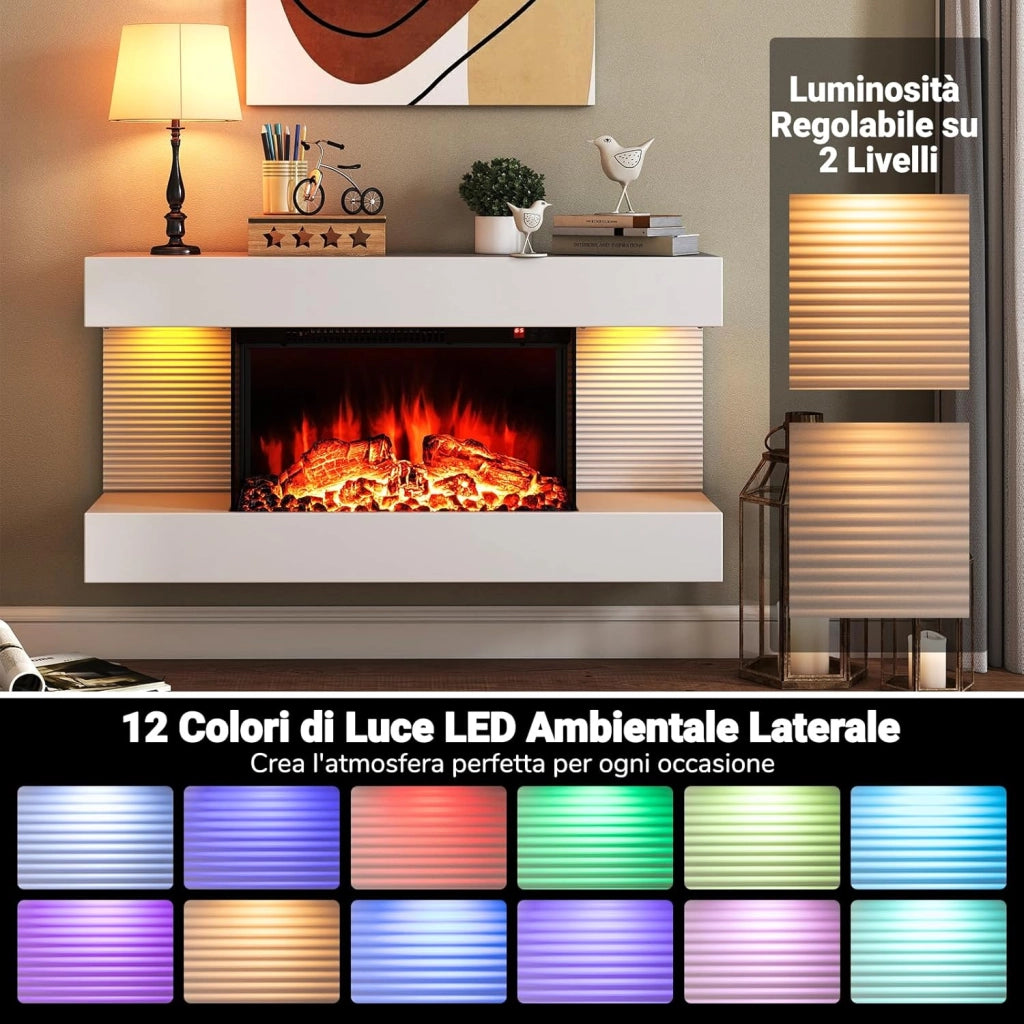 Camino Elettrico, 750W/1500W Caminetto con Luci LED, Telecomando, 12 Colori di Fiamma, Timer 8H Mensola Galleggiante e Protezione Surriscaldamento