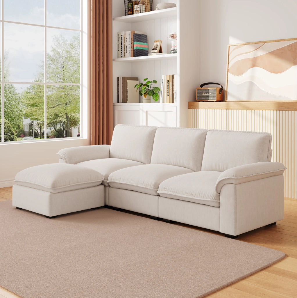 Divano modulare a L 4 posti con chaise longue; in chenille beige; 260x154x86 cm