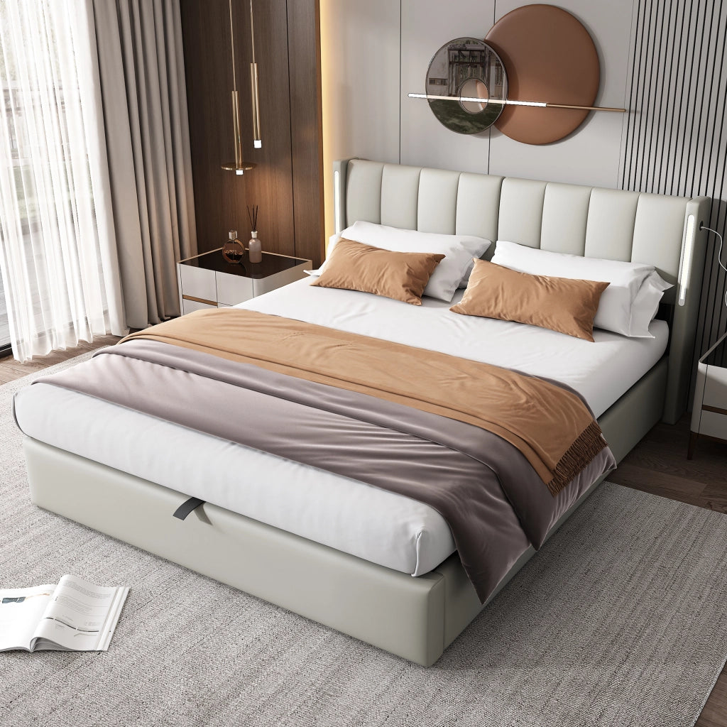 Letto imbottito idraulico con LED e USB 180x200 cm in similpelle grigia
