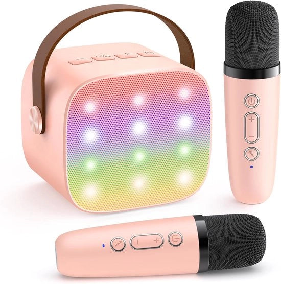 Mini Macchina Karaoke per Bambini e Adulti - Altoparlante Bluetooth Portatile con 2 Microfoni Senza Fili - Regalo per Ragazze 3-10+ Anni - Rosa - 1 Set