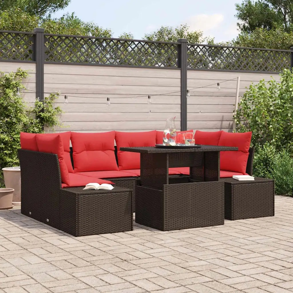 Set Divano da Giardino 7 pz 6-Numero di posti Marrone e Rosso 3357857