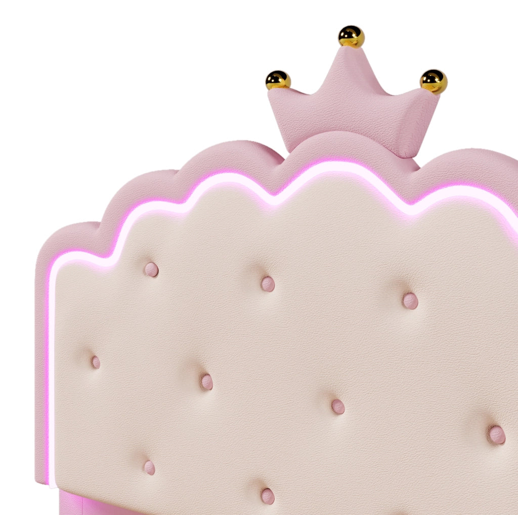 Letto imbottito rosa 140x200 cm con LED, letto estraibile e 2 cassetti