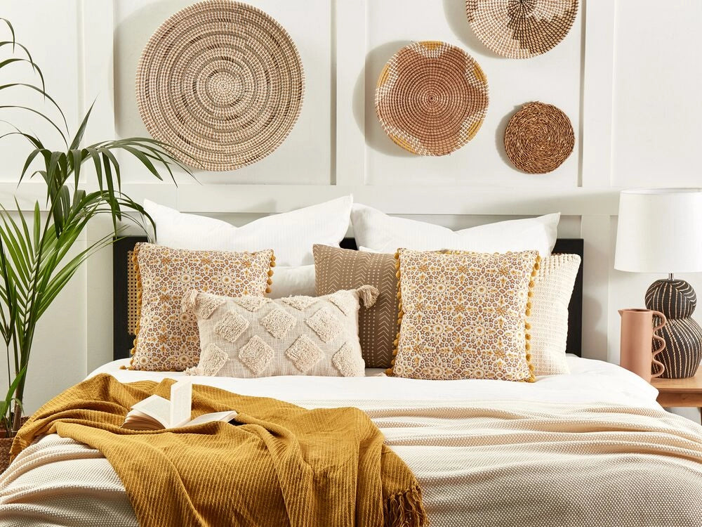 Set di 2 cuscini decorativi giallo cotone 45 x 45 cm motivo geometrico stampa blocchi stile boho accessori