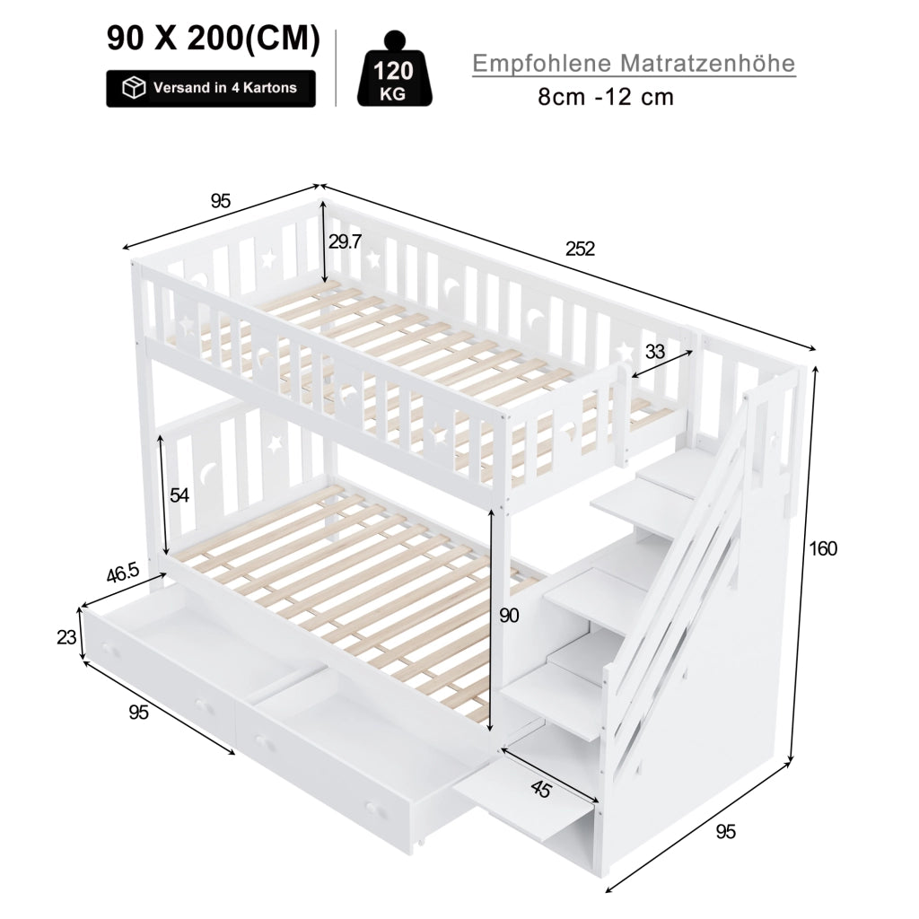 OKWISH Letto a Castello 90×200 cm e 90×200 cm, Letto 2 Posti con Scala Contenitore, 2 Cassetti e Spondine, senza Materasso