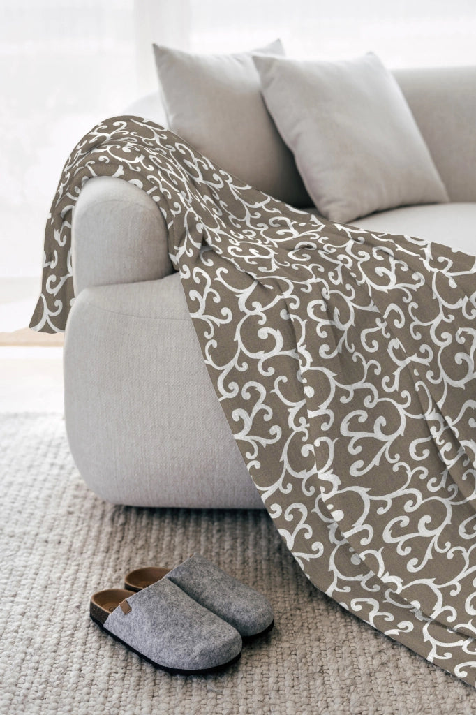 Telo Arredo In Cotone Panama Stampato Varie Fantasie GrandFoulard Copridivano Copriletto Sofà Prodotto Italiano Singolo e Matrimoniale  - Renage tortora - 2 Posti
