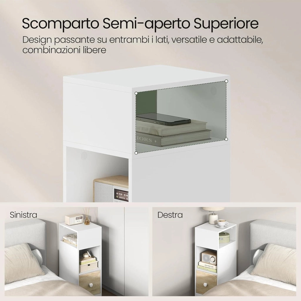 Set di 2 Comodino Stretto, Comodino con 2 Scomparti a Giorno e Cassetto, Tavolino da Notte 25x30x66cm, Mobile Salvaspazio per Camera da Letto, Soggiorno, in Truciolato, Rovere, 0011CTG-2