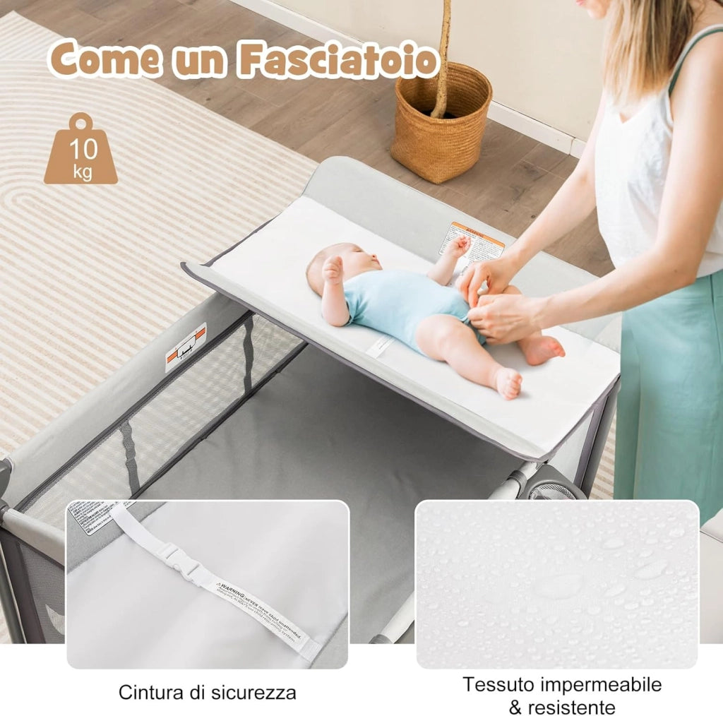 Lettino da Campeggio con Materasso, Lettino Pieghevole per Bambini con Fasciatoio, Culla da Viaggio con Ruote, Giocattolo, Lettino Bambini Staccabile, per Bambini 0-36 Mesi (Grigio)
