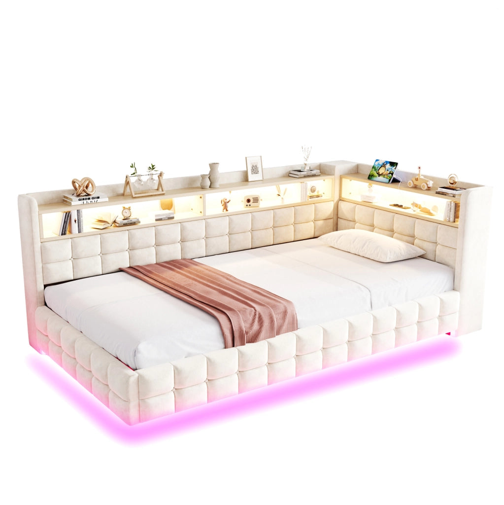 Divano letto imbottito 90x200 cm con contenitore idraulico; ripiani; LED; prese USB e Type-C; beige