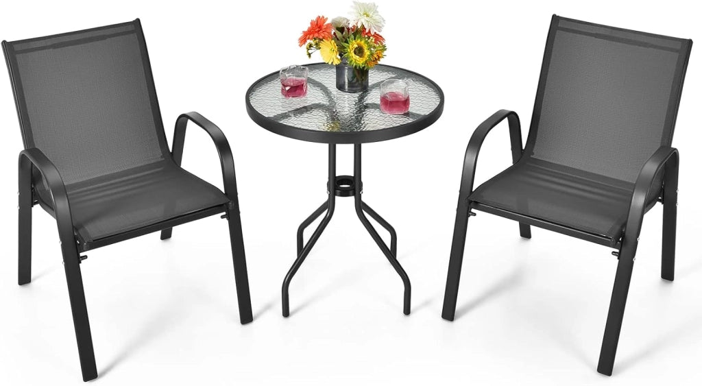 Set Mobili da Giardino 3 Pezzi, con Tavolo Rotondo in Vetro Temperato e 2 Sedie in Textilene Traspirante, per Esterno Balcone Giardino (Nero)