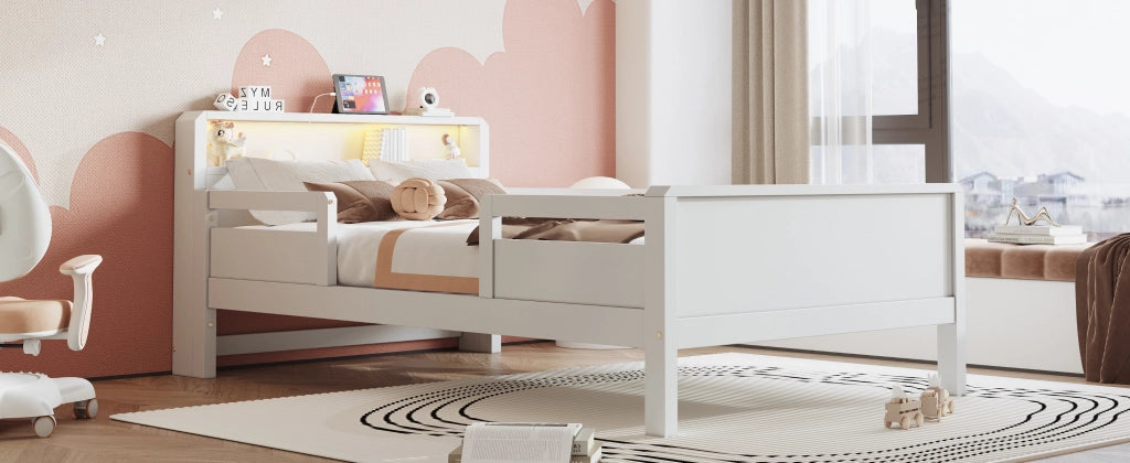 Letto per bambini 90 × 200 cm con luce LED, presa USB e Type-C, testiera con ripiano, senza materasso, bianco