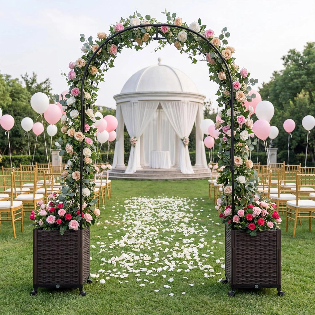 Arco per Piante Rampicanti da Giardino, Pergolato in Metallo con 2 Fioriere in PP e 4 Ruote Universali con Freni, Decorazione Esterno per Matrimonio e Festa, 203 x 40 x 230 cm