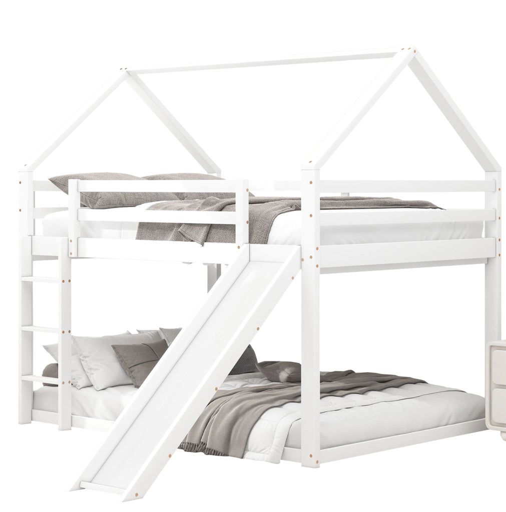 Letto a castello a casetta 140x200 cm con scivolo bianco