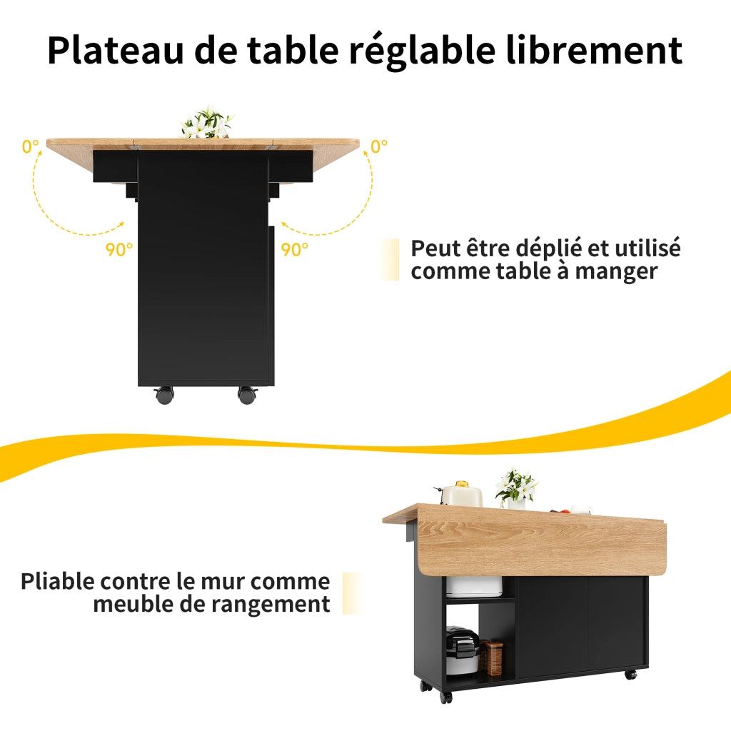 Carrello da Cucina con 2 Ante; 3 Vani; Piano Ribaltabile e Ruote; in MDF e Vetro; 120 x 30 x 79.5 cm; Nero e Naturale