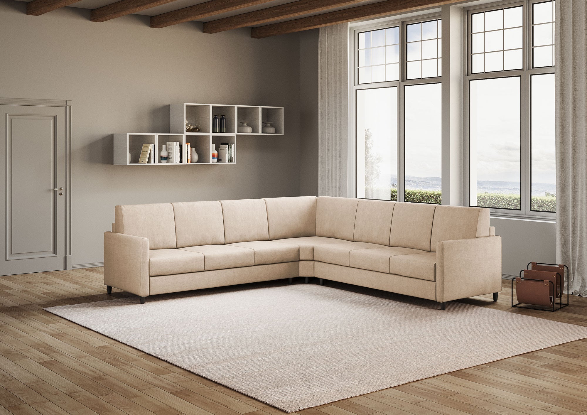 Divano Angolare 7 Posti 281x281x85 cm Karay in Tessuto Beige