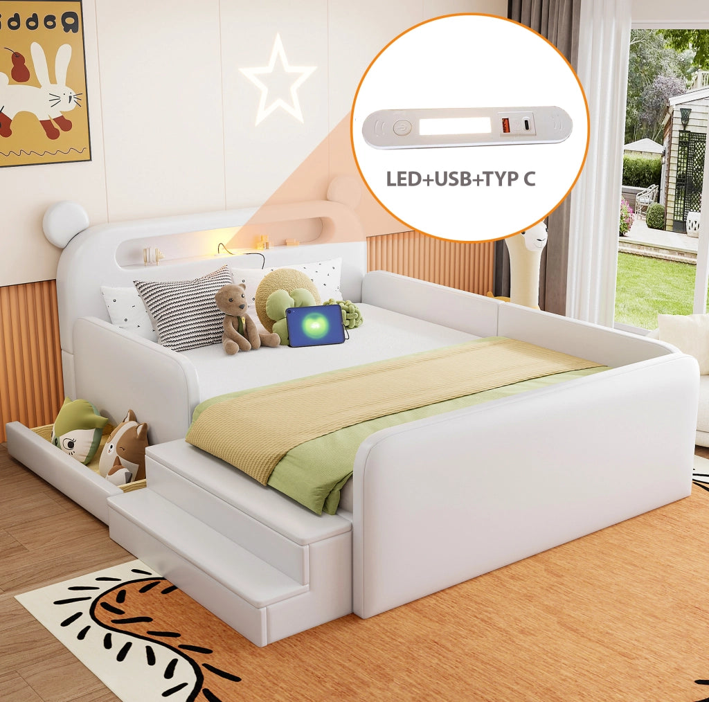Letto imbottito per bambini 140x200 cm con testiera a forma di orso; USB e contenitore; bianco