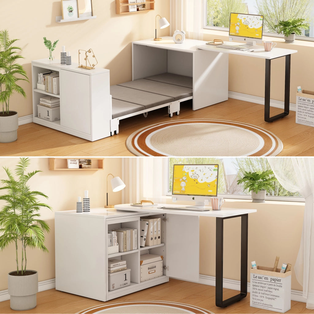 Scrivania pieghevole multifunzionale con letto e 2 vani aperti, per ufficio e camera, bianco, 216 × 116 × 79 cm