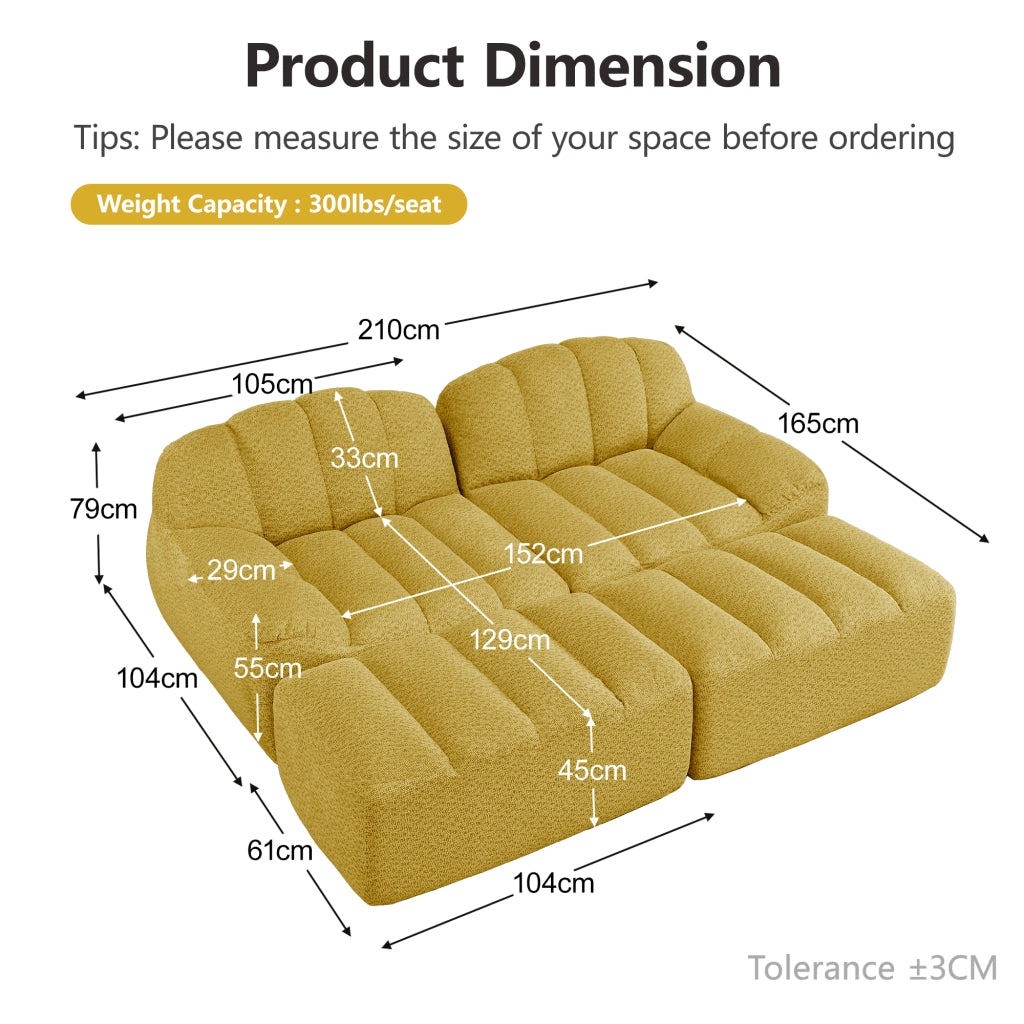 Divano modulare 2 posti con 2 pouf - Zephmum- Schiuma ad alta densit¨¤ 32D, design antiscivolo, tessuto morbido, giallo