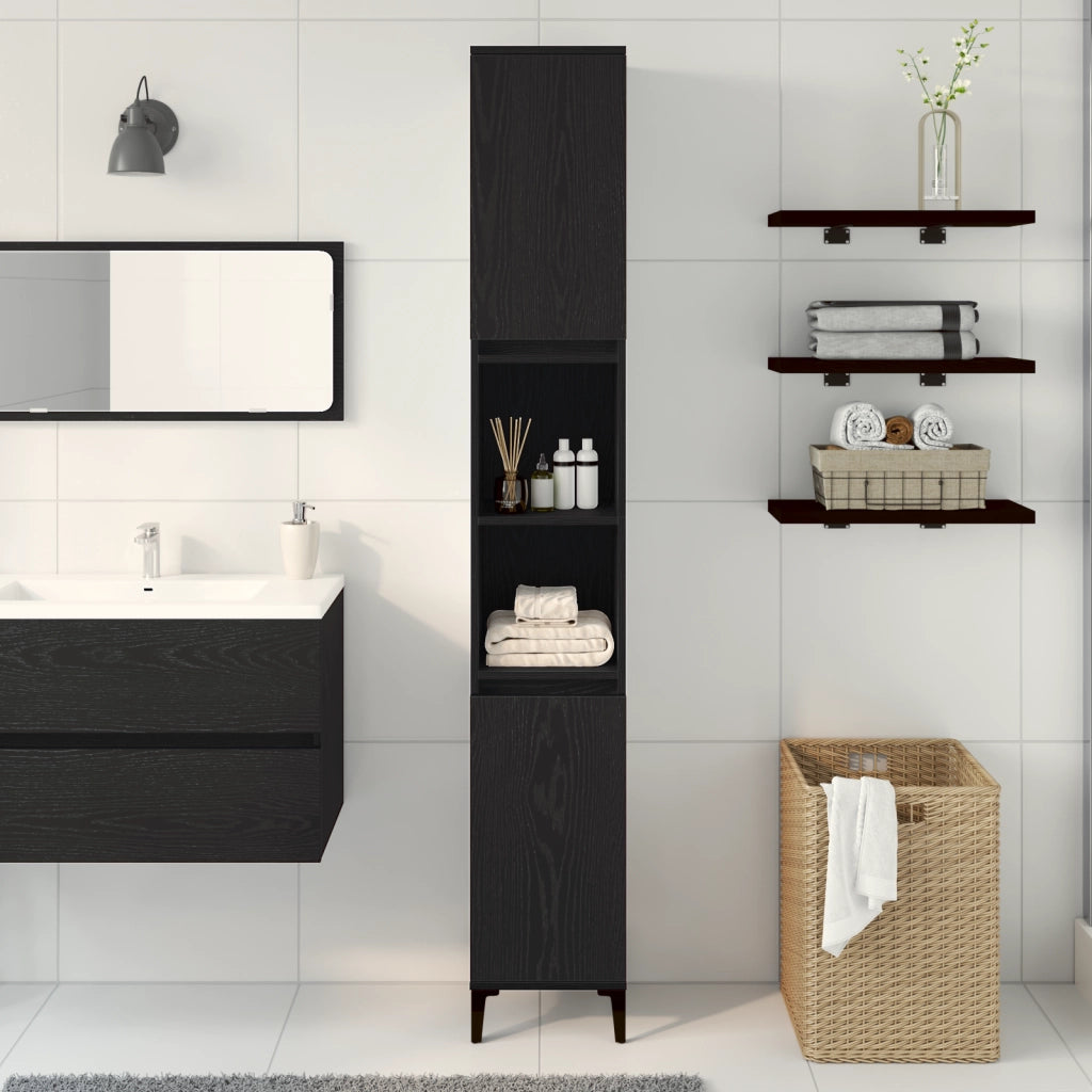 Armadio da Bagno  Nero Rovere 30x30x190 cm Legno Ingegnerizzato
