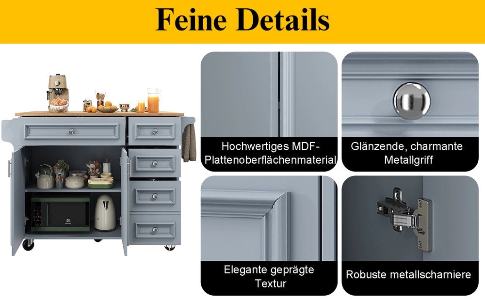 Isola Cucina Multifunzionale con Buffet e Ruote ¨C Xylo ¨C 110x45x92 cm, Blu, Legno