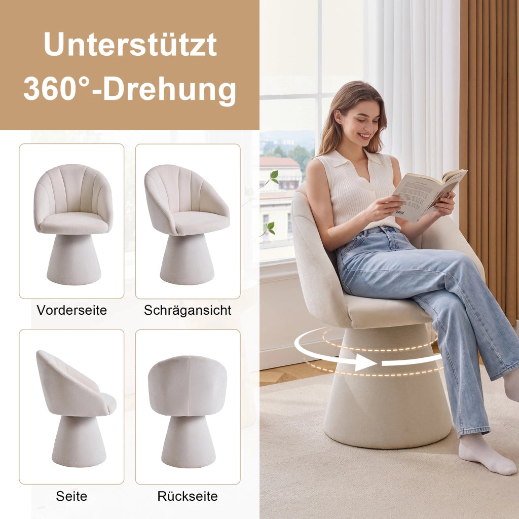 Chaise girevole 360° in tessuto chenille con schienale ergonomico, braccioli integrati e base stabile in legno beige