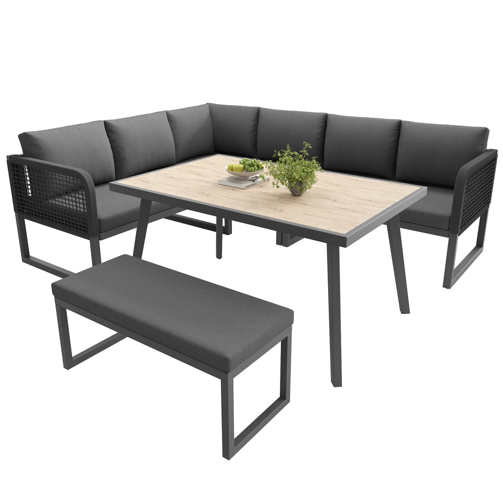 Set lounge da giardino modulare in PE rattan grigio con cuscini sfoderabili e struttura resistente ai raggi UV