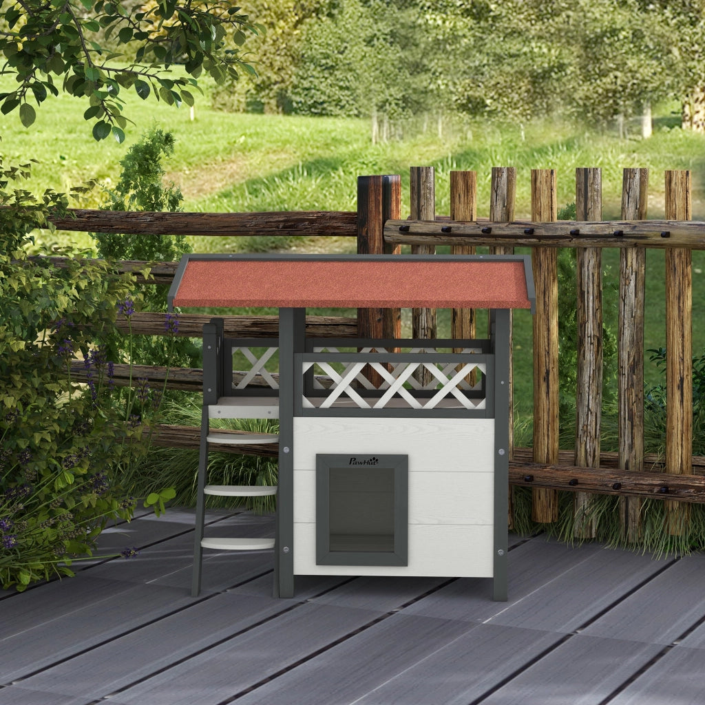 Casetta per Gatti da Esterno con Terrazza e Scaletta 77x50x73 cm in Legno Bianco e Grigio