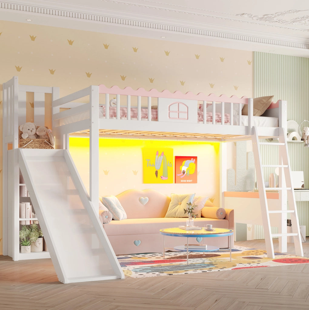 Letto a soppalco per bambini 90x200 cm con scivolo e LED