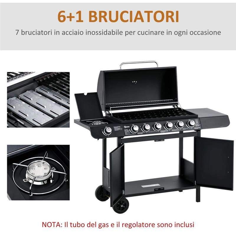 BARBECUE A GAS CON COPERCHIO, 7 BRUCIATORI DA 20KW, FORNELLO LATERALE E 2 RUOTE, 135X50X100CM NERO