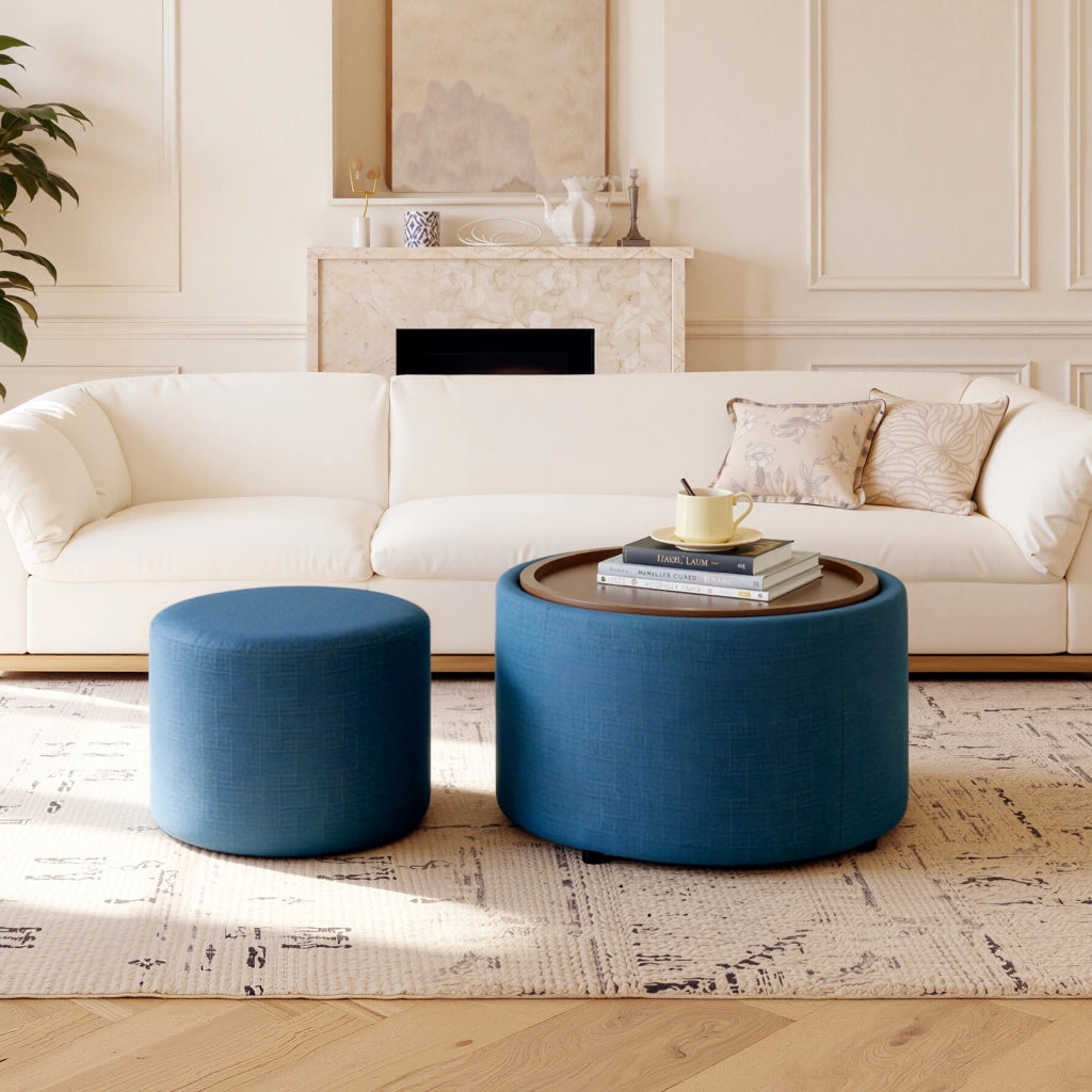 POUF Set da 2 pezzi 58 cm Blu in lino con vassoio in legno