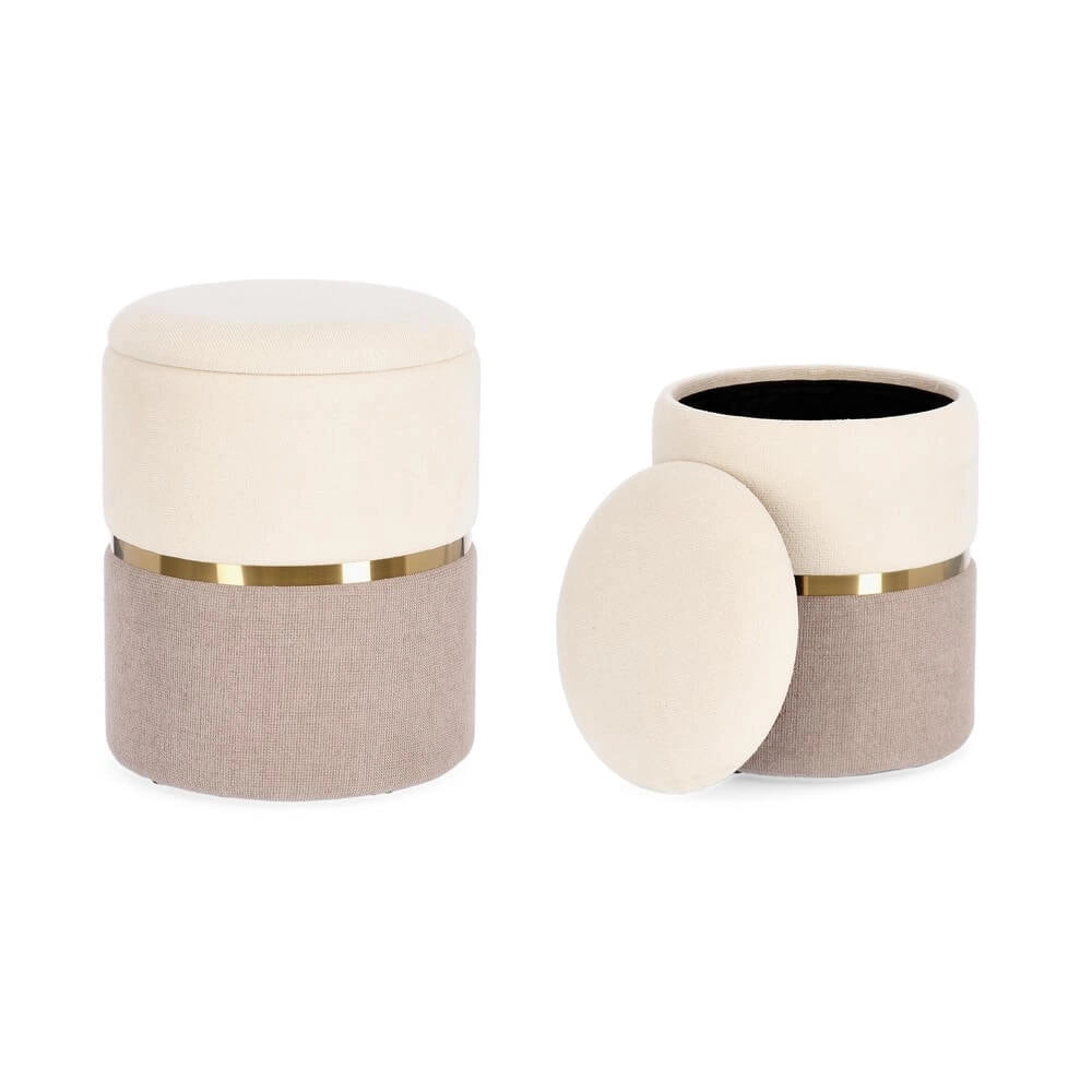 Set 2 Pouf Contenitore Rotondi in Tessuto con Anello Dorato - WHITE