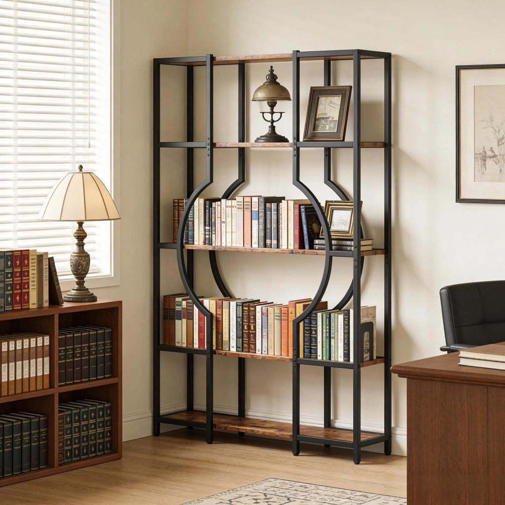 Libreria a 5 ripiani in metallo nero e legno rustico, scaffale aperto salvaspazio stile vintage