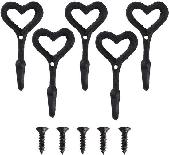 Pentola di 5 pezzi di chiodi a muro, stile antico, vintage, ghisa, chiodi di ferro antichi, chiodo a forma di cuore per abiti, asciugamani, capi di abbigliamento, cappelli con 5 viti, nero