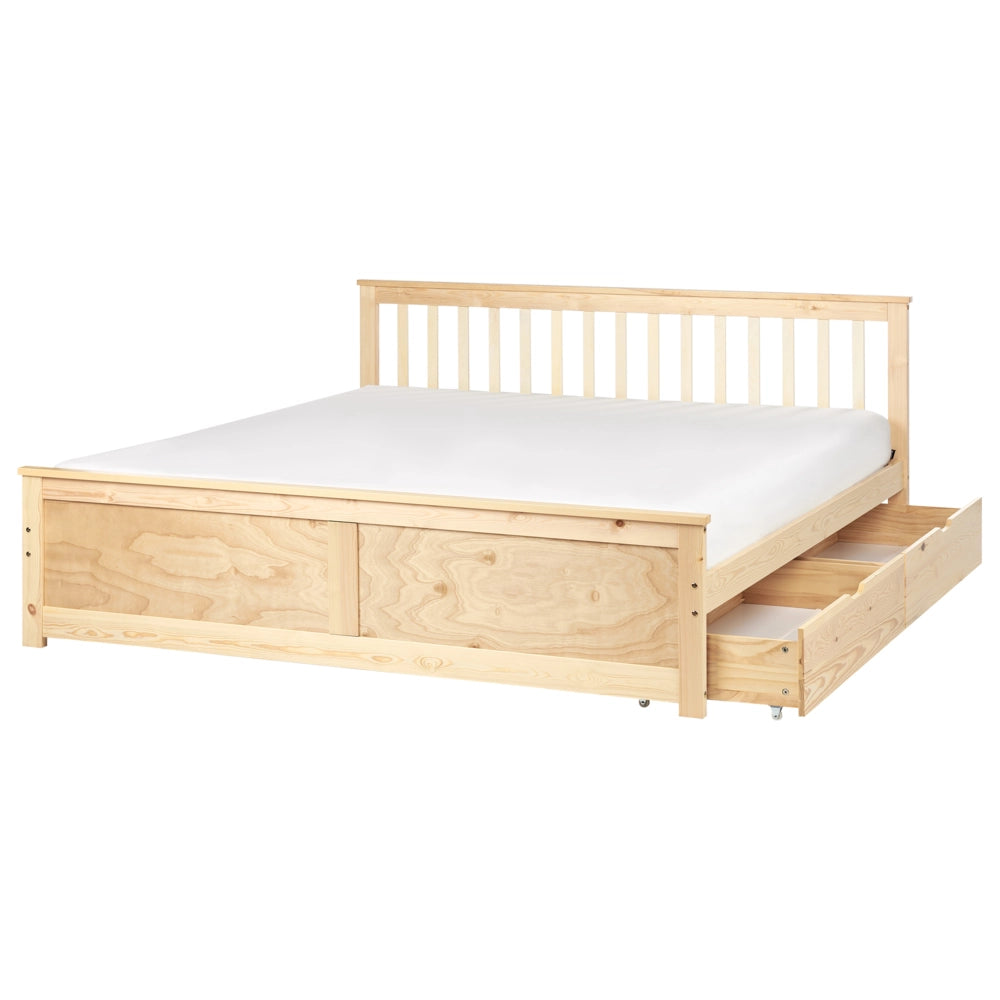 Letto matrimoniale Legno di Pino chiaro con Rete a Doghe con 2 cassetti 180 x 200 cm Testiera a doghe minimalista