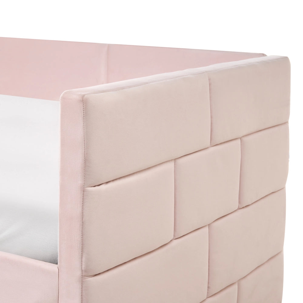 Letto a scomparsa 90 x 200 cm rivestito in velluto rosa, rete a doghe, letto da giorno con cuciture in stile glamour.