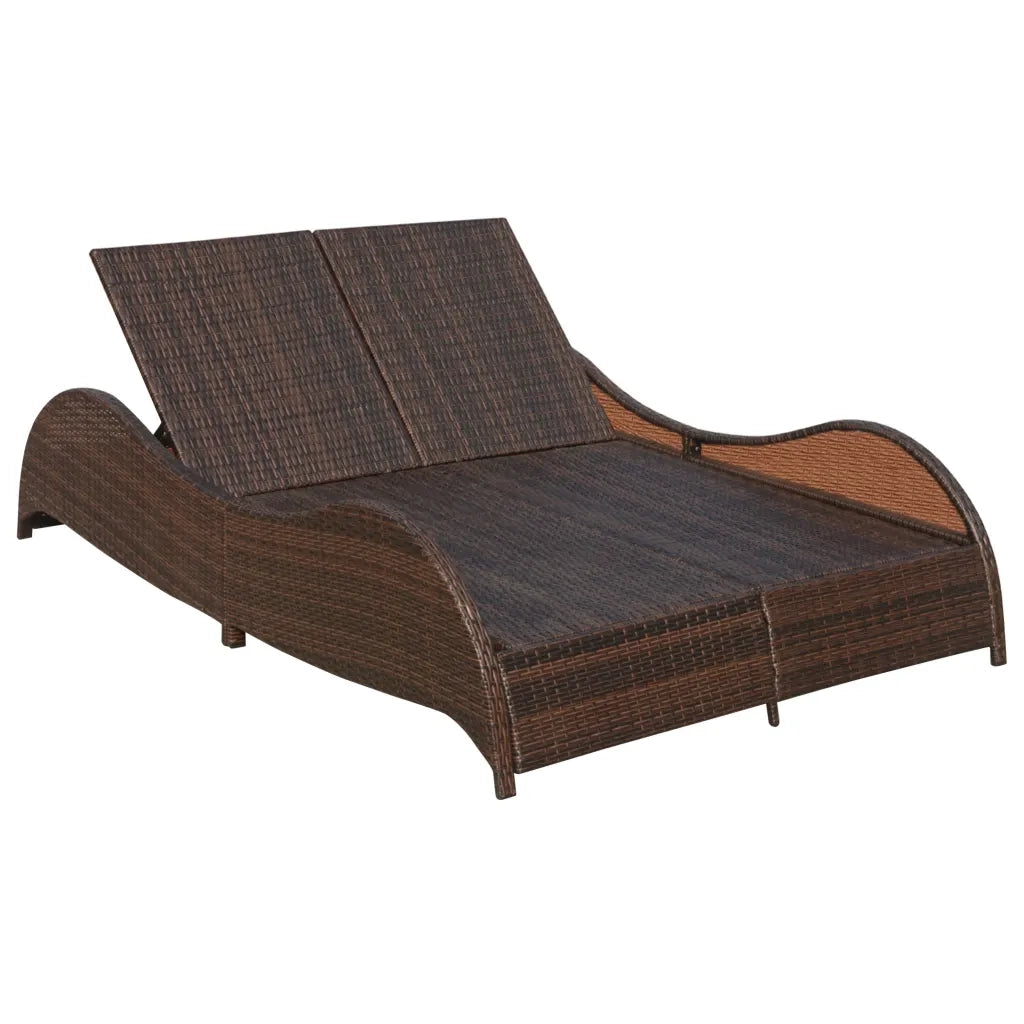 Lettino Prendisole Doppio con Cuscino in Polyrattan Marrone 41976