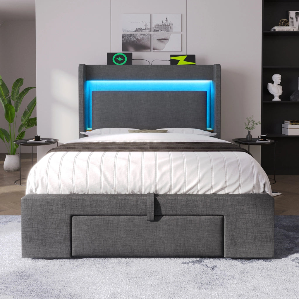 Letto 90x200 cm con contenitore idraulico, LED, USB e materasso incluso