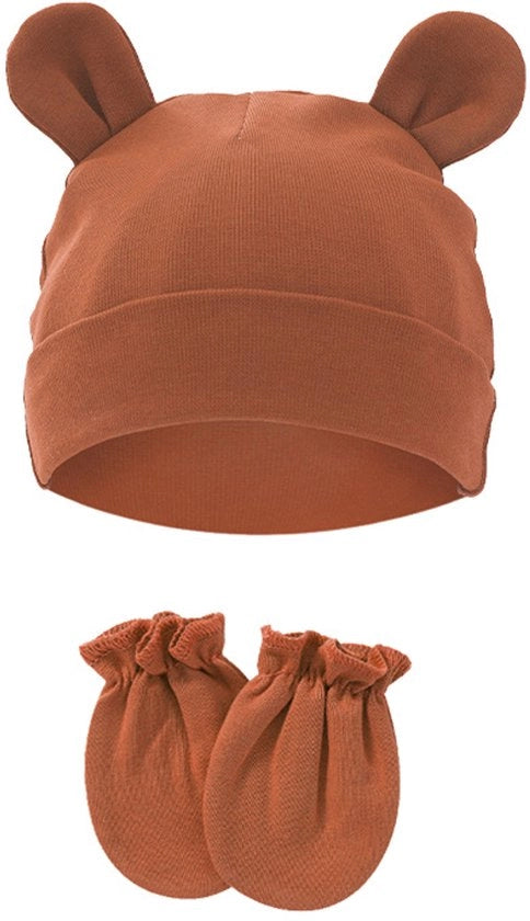 Set per neonati con copricapo e guantini, orecchini in cotone con funzione antirughe, adatti per bambini dai 0 ai 1 anno, diametro massimo 15,5 cm, colore camello