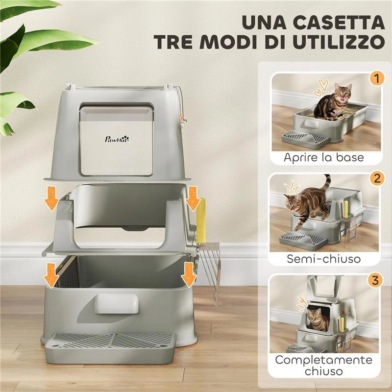 LETTIERA PER GATTI CHIUSA DA 80L CON VASSOIO ESTRAIBILE, IN ABS E ACCIAIO INOX, 63X43X43 CM, GRIGIO CHIARO